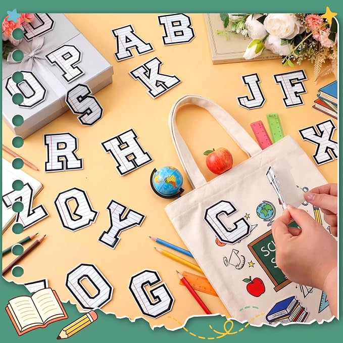 WILLBOND 52 Pcs Back to School Alphabet Patches Line Composition Self Adhesive