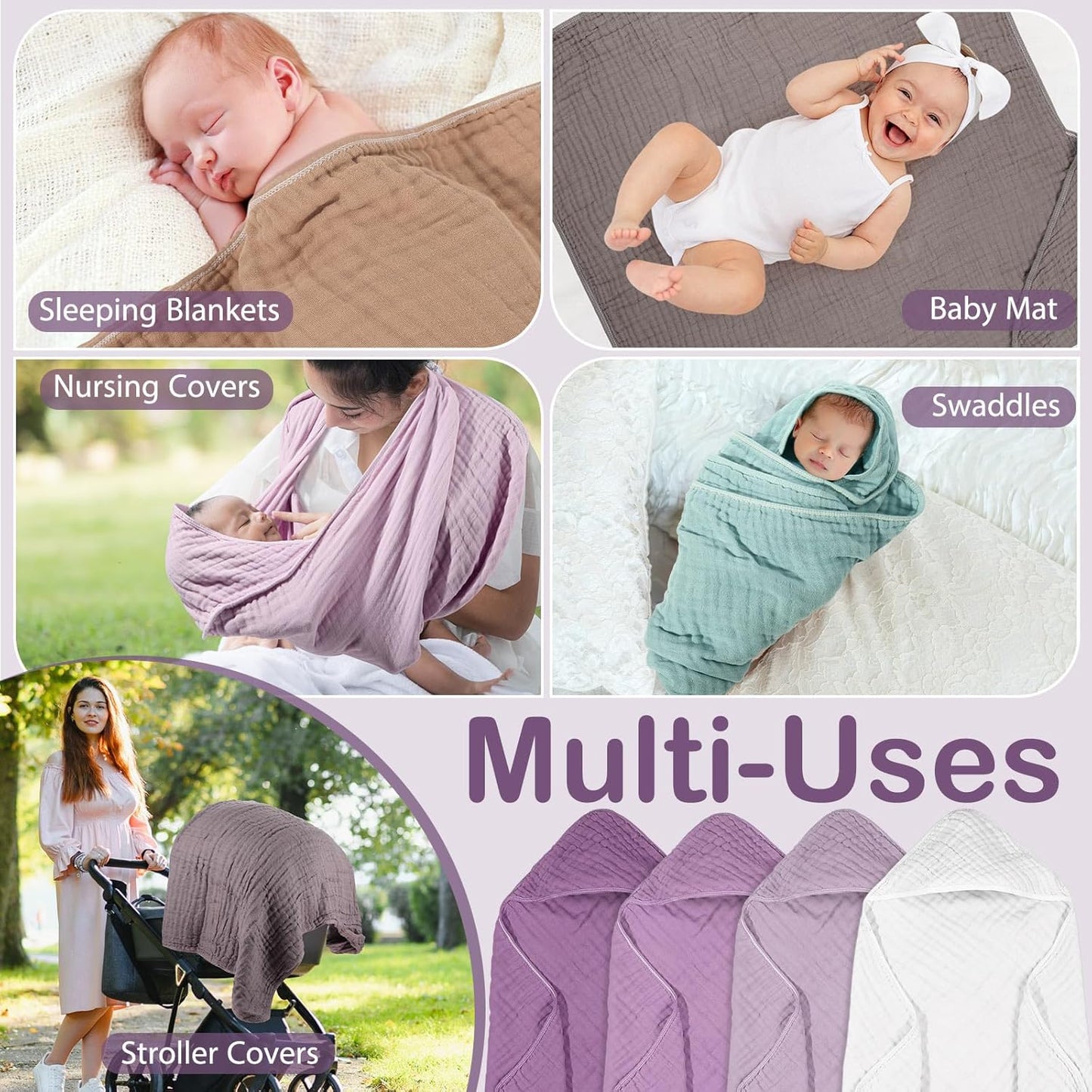 Peryiter 4 Pcs Muslin Hooded Baby Towels, 32"x 32" Cotton Newborn Bath Towel Muslin Infant Baby Blankets Absorbent Unisex Christmas Registry Gift Essentials for Girls Boys (Purple Series)