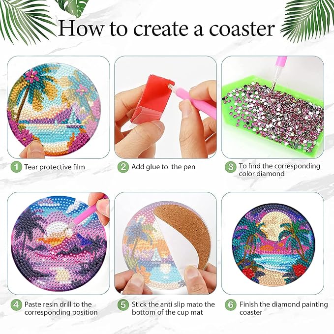 EWJRNSF 6 PCS Ocean Beach Diamond Art Coasters Kit
