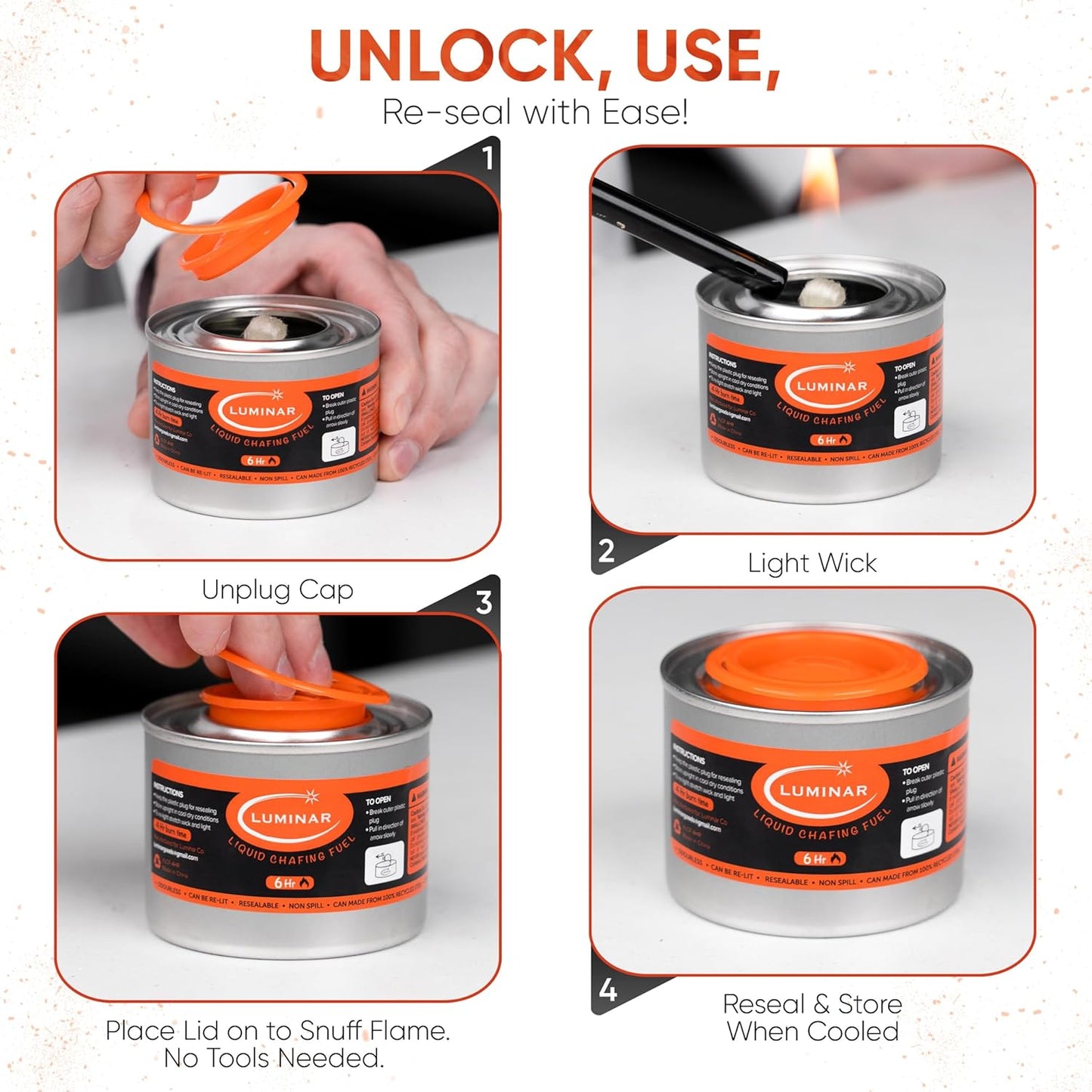 Luminar Resealable-Wick Chafing Fuel Cans, 12 Pack, 6 Hour - Premium Quality Burners for Food Warmers - No More Spills, Waste, or Hassle - Perfect for Convenient, and Long-Lasting Event Catering