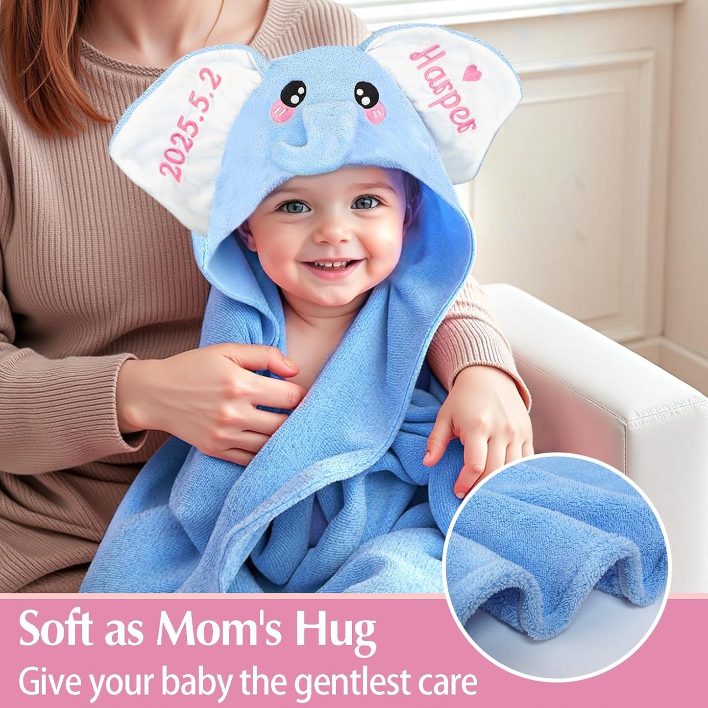 Custom Hooded Baby Towel with Name, Personalized Soft Absorbent Elephant Bath Towel, Shower Towels for Girls Boys, Easter Brithday for Baby, Toddler, Newborn Essential