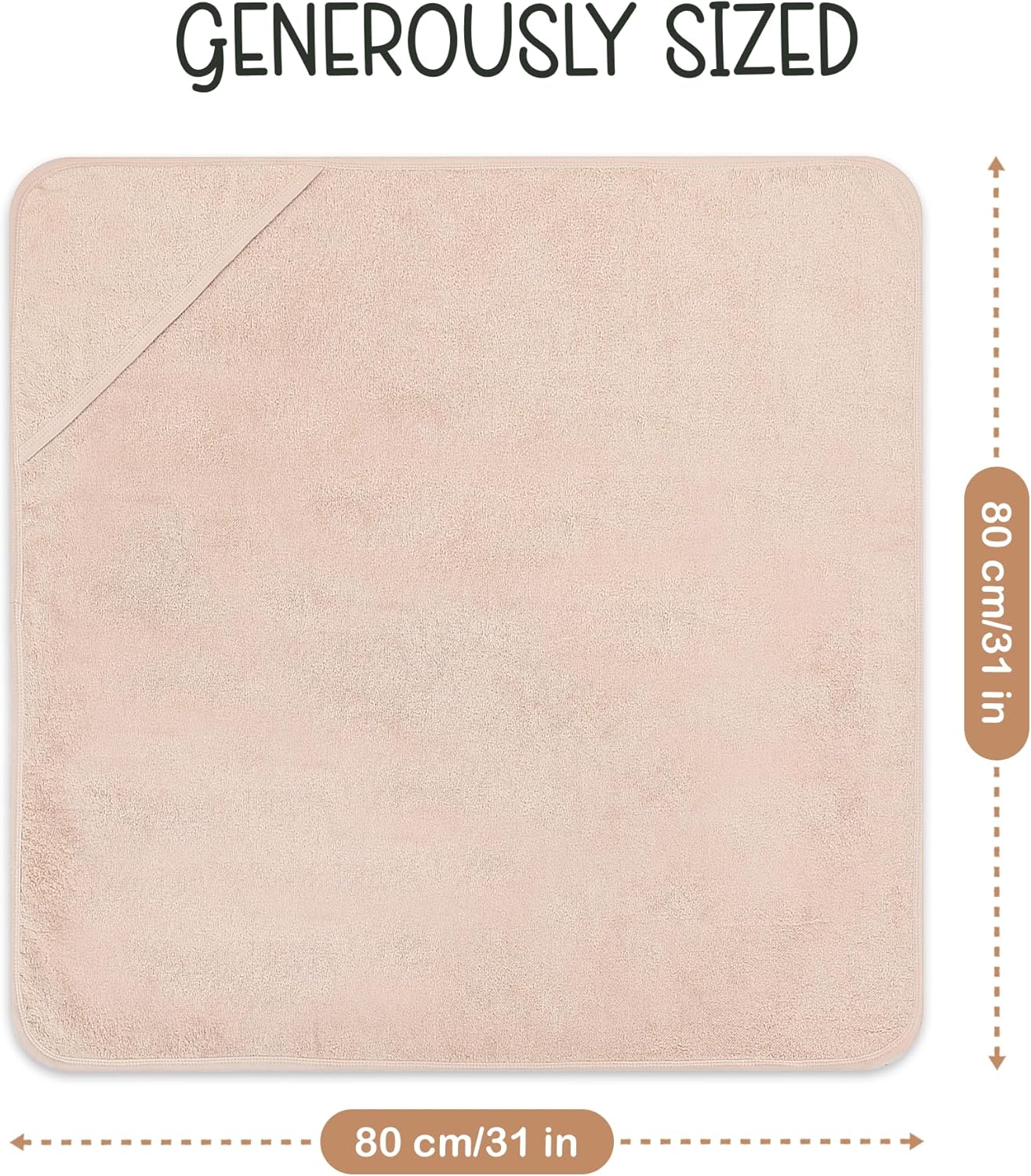 Organic Cotton Plush Woven Hooded Baby Towels, 31x31 Inches, Plush Bath Towels with Hood for Newborns and Kids, Girls & Boys (Blush, 31.4" L x 31.4" W)