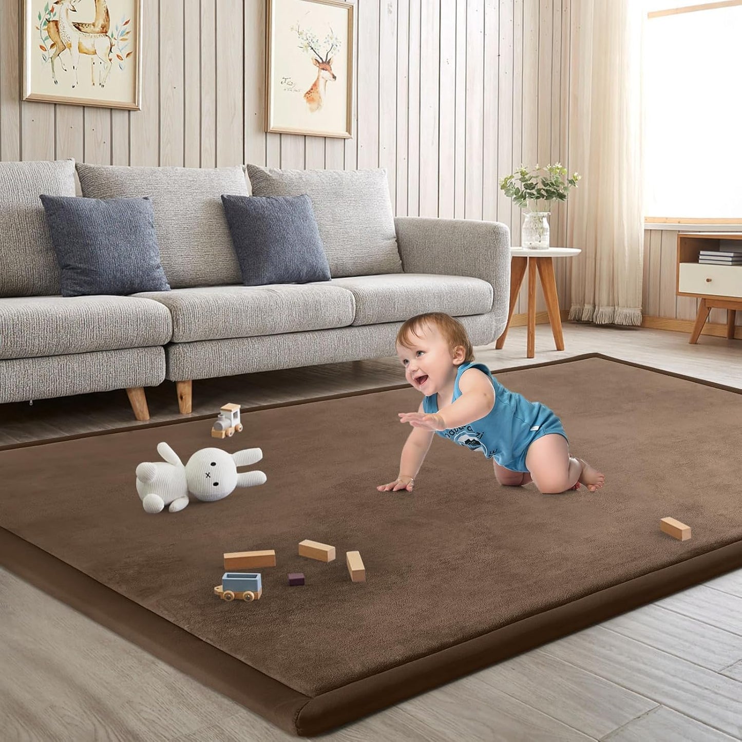 Baby Play Mat for Floor Tummy Time Mat Nursery Muscle Area Rug Playroom Rug Tatami 59"*59" Memory Foam 1.3" Thick Crawling For Babies,Toddlers, Infants, Kids,Floor,Coffee