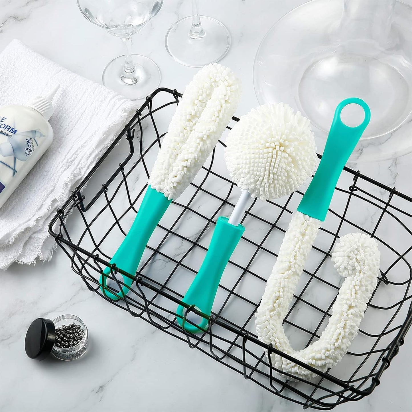 Boao 3 Pcs Decanter Cleaning Brush Wine Glass Decanter Flexible Bottle Brush Set with Cleaning Beads Household Tools for Bottle Goblets Glasses Cups (Blue)