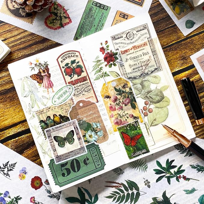 Vintage Washi Stickers for Scrapbooking, Aesthetic Sticker Book for Journaling