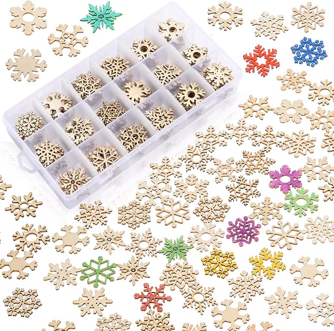200 Pcs Unfinished Wooden Snowflake Ornament DIY Wood Snowflakes Cutouts Blank