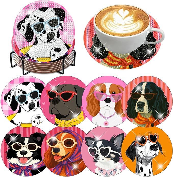 8 Pack Diamond Art Coasters, Funny Dog Diamond Painting Coasters Kits | Dog