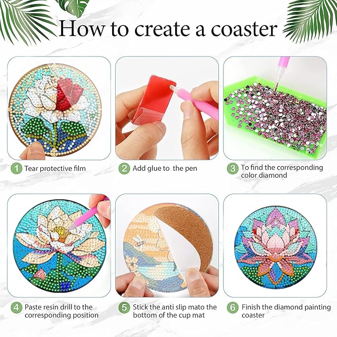 EWJRNSF 6 PCS Flowers Diamond Art Coasters DIY Kit