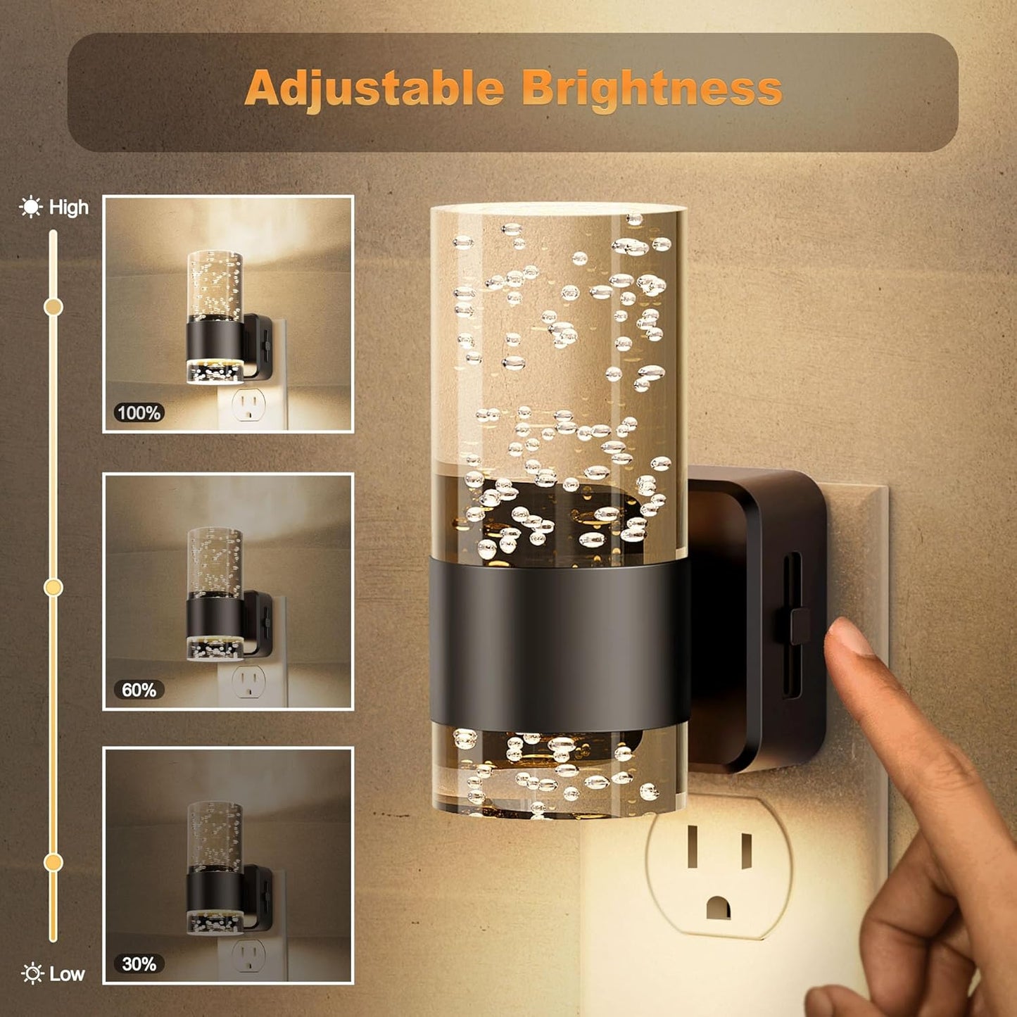 JandCase Night Light, Night Lights Plug into Wall,3000K LED Nightlight with 0-100LM Adjustable Brightness, Automatic Night Light Plug in with Light Sensor for Bathroom Hallway Room Decor