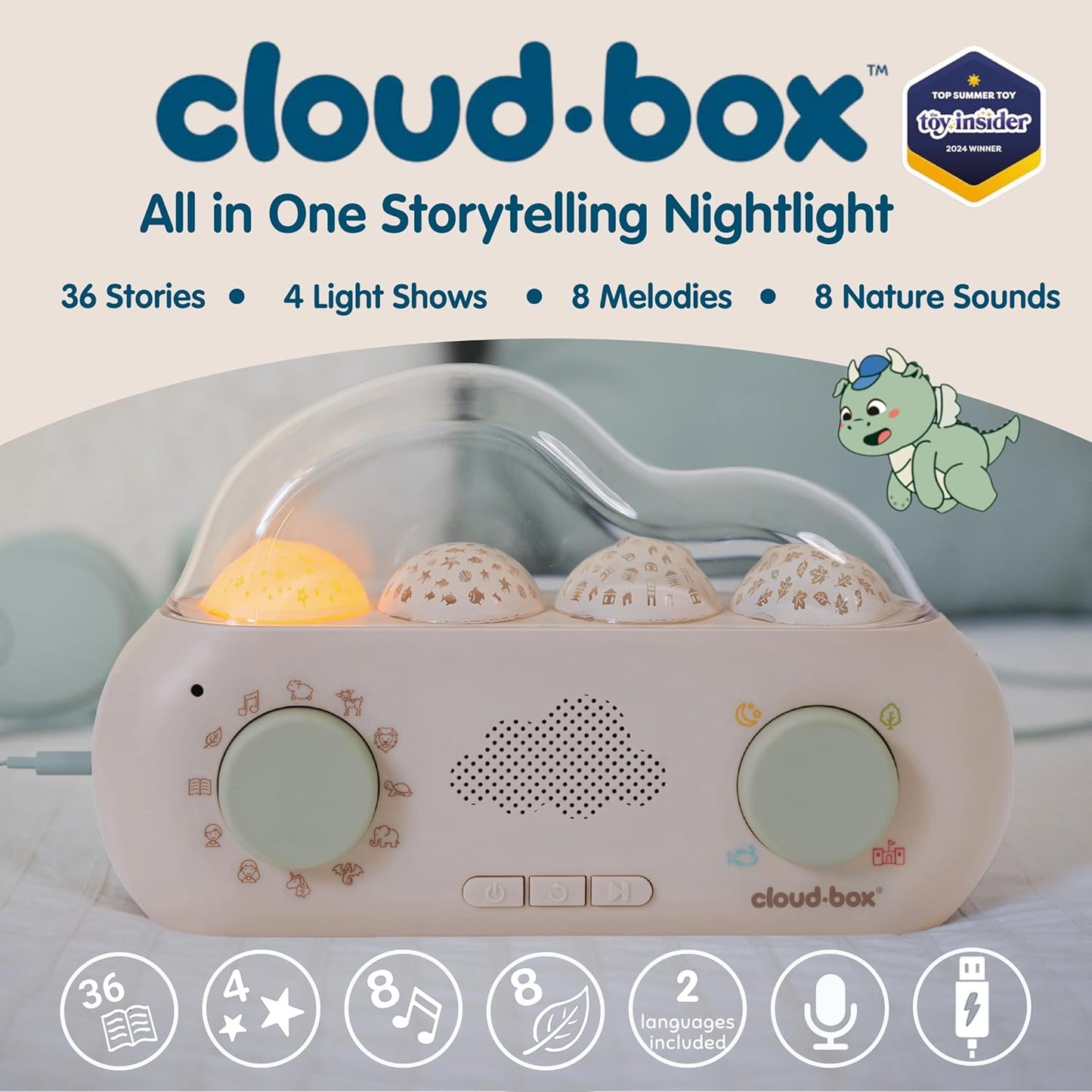 Cloudb Cloudbox Dreambox Storytime Audio Story Books Toy Gift for Toddlers Kids Girls Boys | English/Spanish Voice Record Storyteller | 36 Stories, 8 Melodies, Star Projector Night Light White Noise