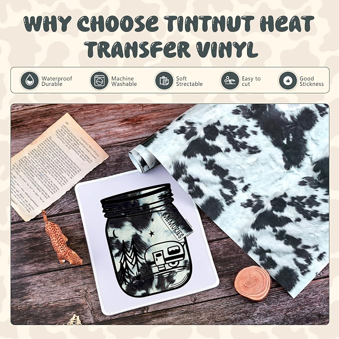 Tintnut Black Cowhide Heat Transfer Vinyl Roll, easy cut & weed, stretch