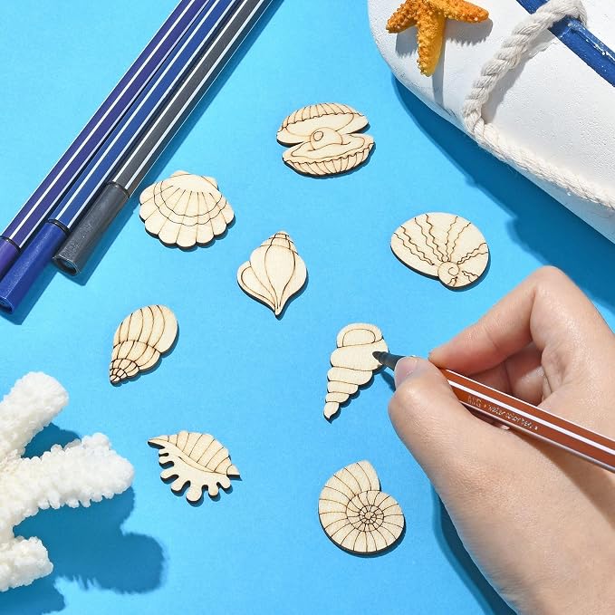 200 Pcs Unfinished Wooden Shell Shapes Blank Wood Slices Seashell Wooden Craft