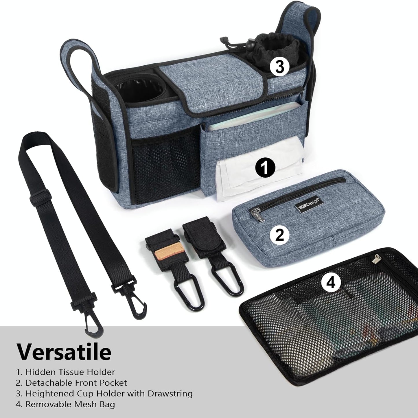 TOPDesign Universal Baby Stroller Organizer, Stroller Caddy with Detachable Mesh Bag & Heightened Insulated Cup Holders & Non-Slip Secure Hooks Accessories, Fits Most Strollers (Blue)