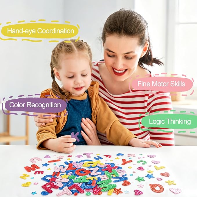 BEISHIDA 448 Pcs Glitter Foam Letter Stickers ，Letter 1.5inch 1inch Heart Stars