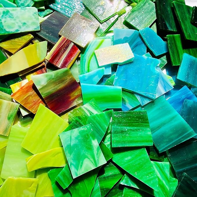 Broken Stained Glass Scraps Mixed Green Colors, Irregular Stained Glass Sheets