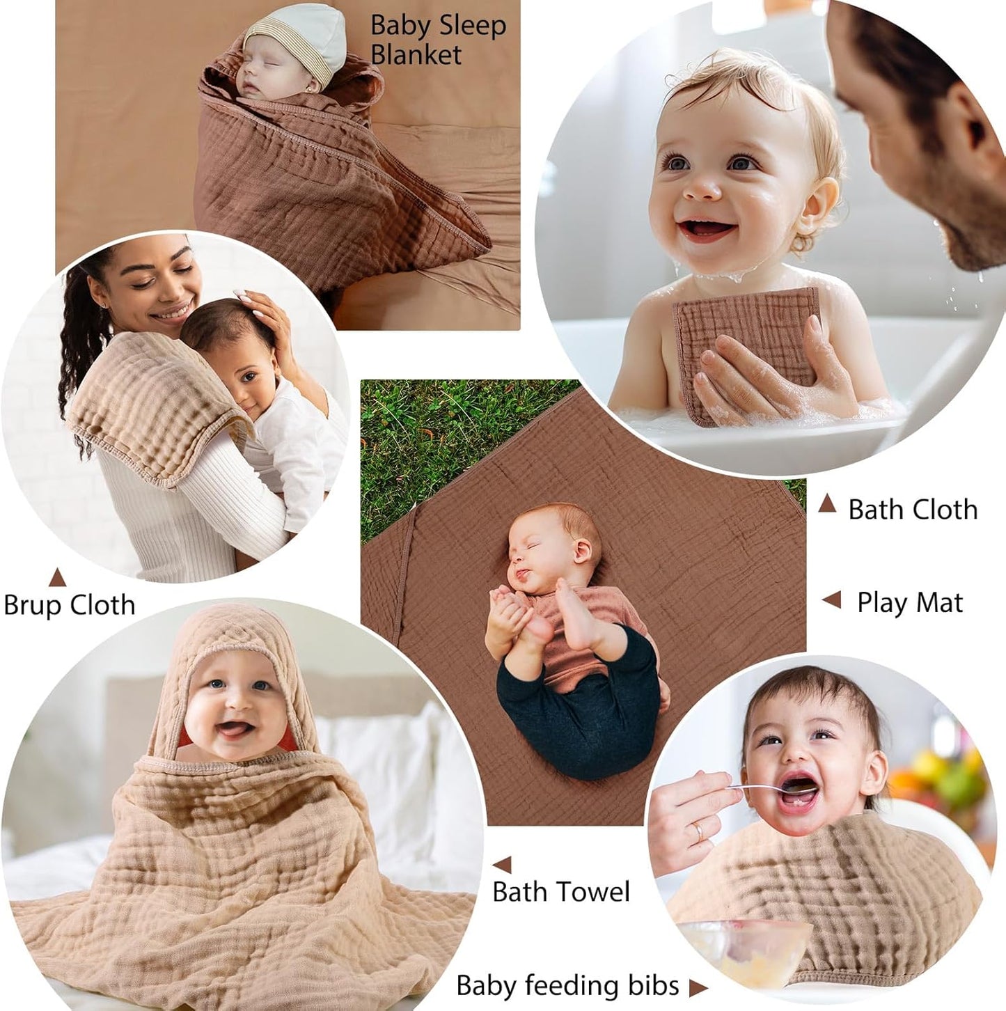 VitalCozy 6 Pcs Baby Muslin Hooded Bath Towels and Washcloths, 32 x 32 Inch Muslin Cotton Hooded Baby Towels Absorbent Hooded Blankets for Gift Newborn Infant Shower (Brown,Coffee)