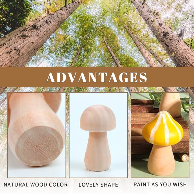 36 Pieces Unfinished Wooden Mushrooms 6 Size Natural Plain Unpainted Wooden