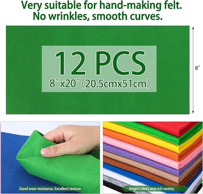 HaoFeiJH 12 Rolls 8"x20" 1.4mm Thick Soft Felt Fabric Sheets – 12 Assorted
