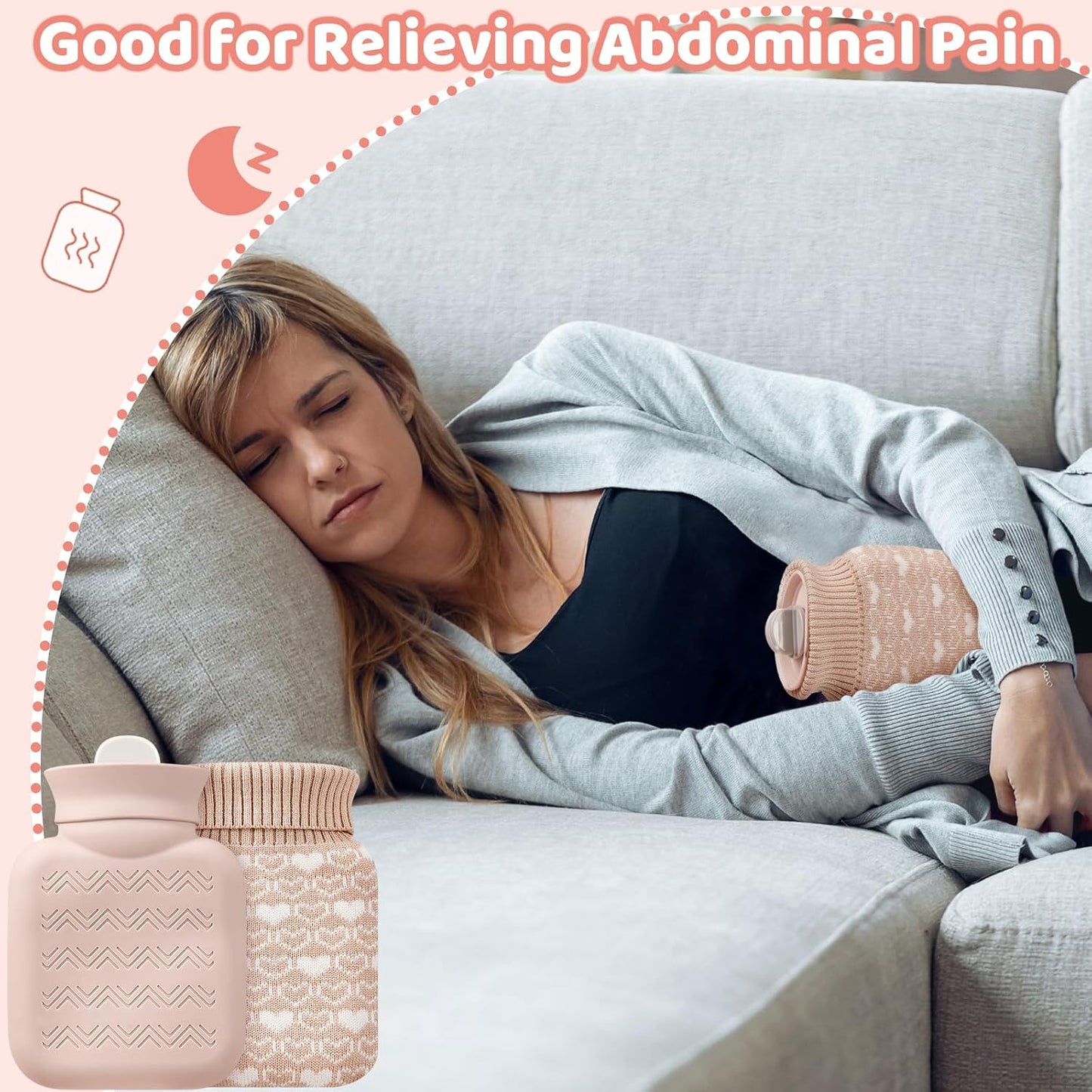 Amylove Mini Hot Water Bottle 320ml for Hot & Cold Compress with Cover Silicone Microwave Heating Small Water Bag for Travel Pain Relief Holiday Gifts(Beige)