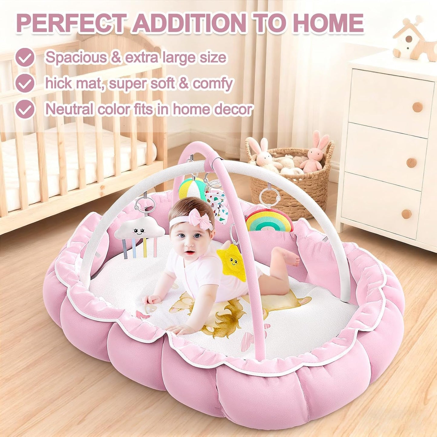 OCATO Baby Play Mat Gym: Baby Gril Gifts Tummy Time Mat Baby Play Gym Thick Large Baby Activity Center from Newborn to Toddler Skills Development Baby Essentials Baby Shower Gifts Ball Pit Cat Dog Bed