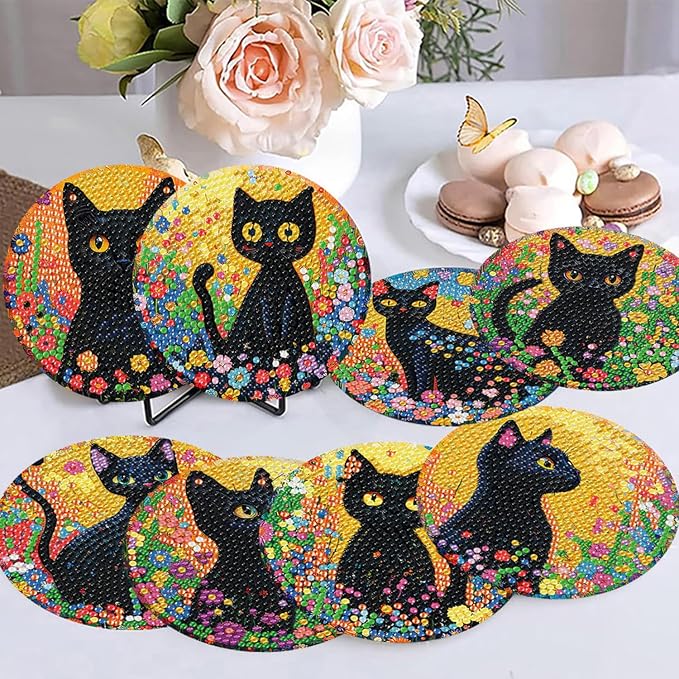 8 Pack Black Cat Diamond Art Coasters Kit for