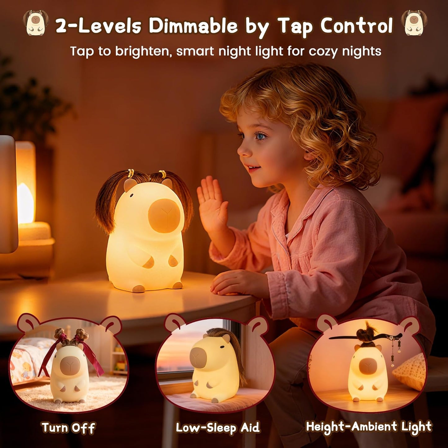 Cute Capybara Night Light with DIY Hairstyle ,Funny Squishy Silicone Animal Night Lamp, Dimmable/Timer Nursery Nightlight for Kids, Rechargeable Touch Bedside Lamp, Bedroom Decor, Baby Boys Girls Gift