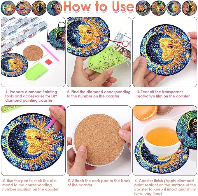 ijbnhd 8 Pcs Sun & Moon Diamond Art Coasters