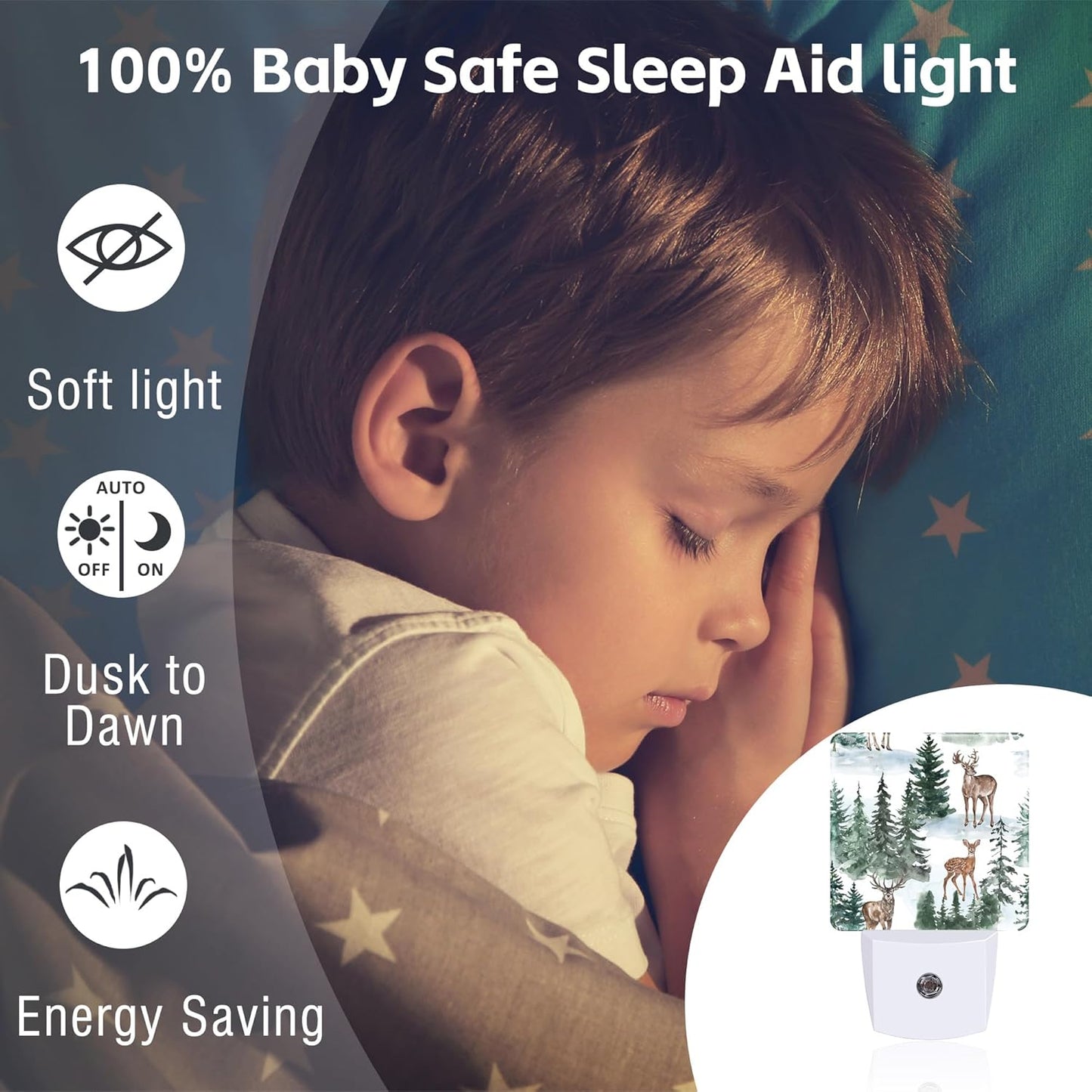 Winter Deer and Snowy Forest Night Light for Kids,Christmas Pine Trees Deer Night Light Plug in with Dusk to Dawn Sensor,0.5w Energy Saving Nightlight for Hallway Stairway Kitchen Bedroom