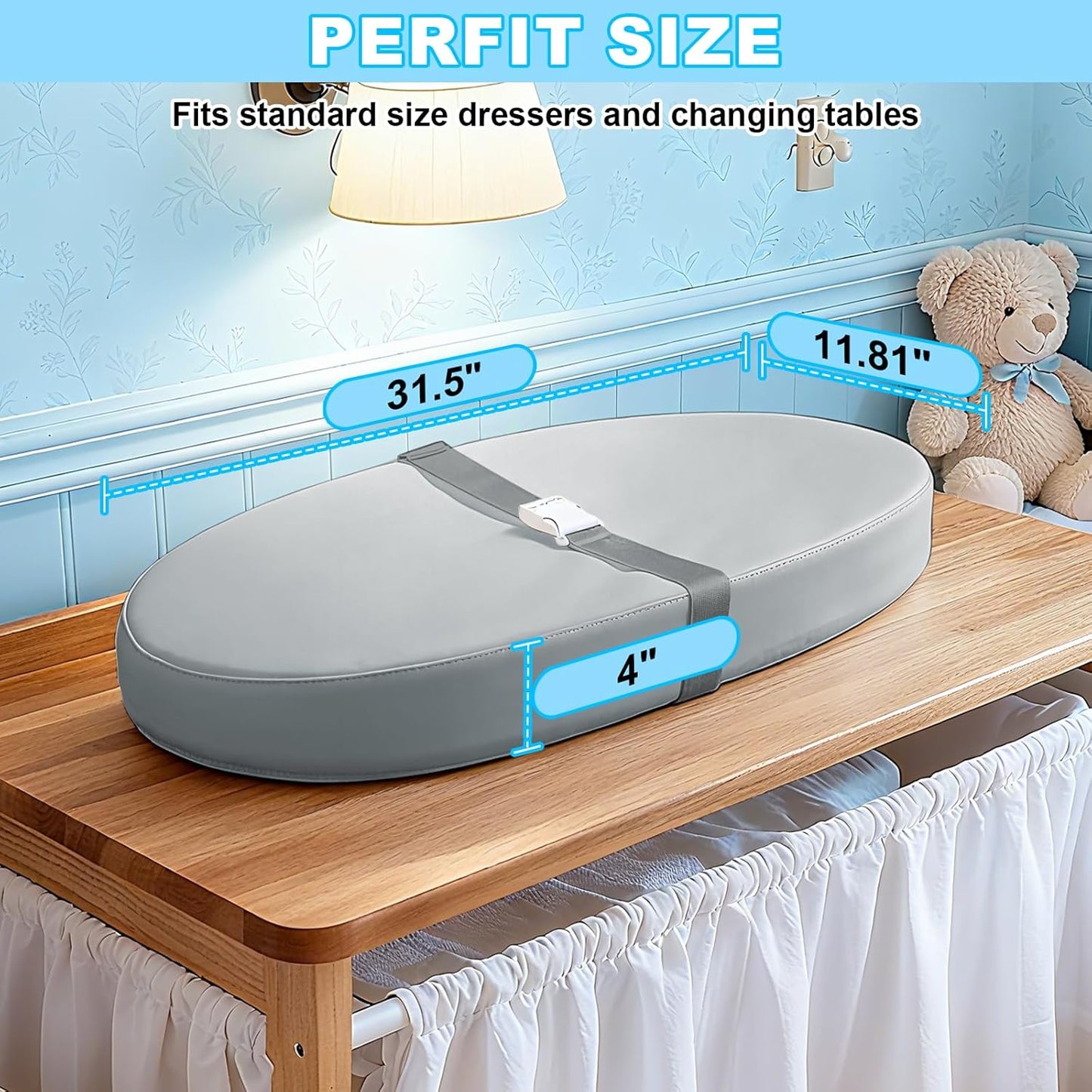 Baby Diaper Changing Pad, Wipeable Baby Changing Pad for Dresser, Contoured Waterproof Changing Pad with PU Cover, Non-Slip Safety Belt & Bottom, Portable, Lightweight