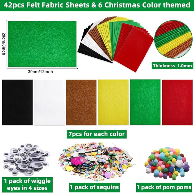 gisgfim 42Pcs Christmas Felt Fabric Sheets 8 x 12 Inch Red Green Black Assorted