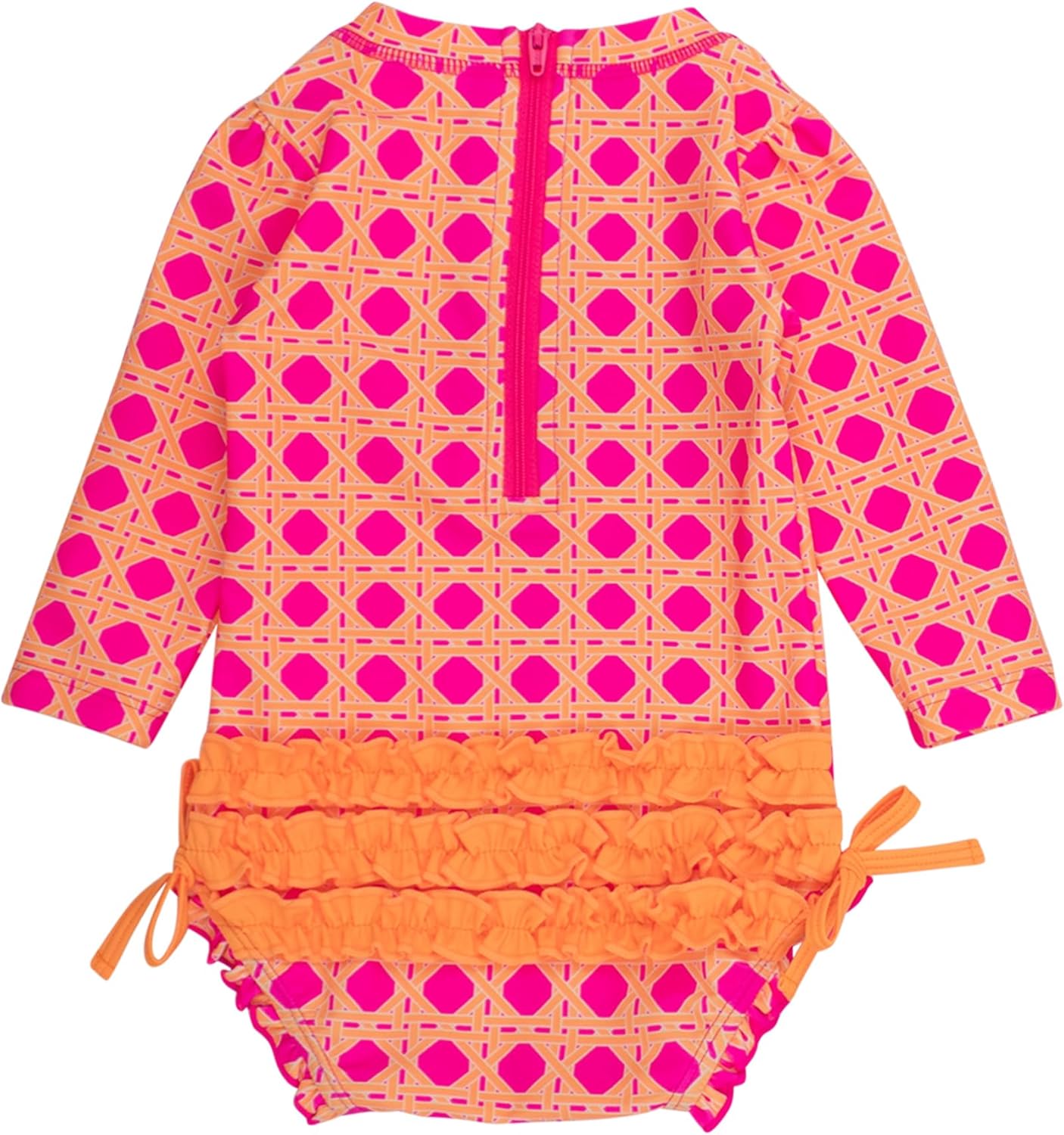 RuffleButts Baby Girls UPF 50+ Sun Protection Novelty Print Long Sleeve One Piece Rash Guard Swimsuit with Zipper