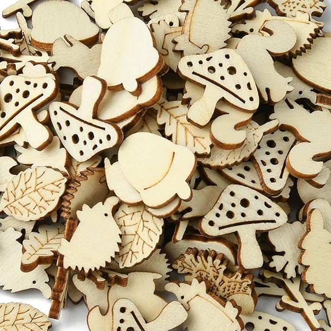 200 Pcs Unfinished Wooden Animal Plants Cutouts Squirrel Hedgehog Leaf Shapes