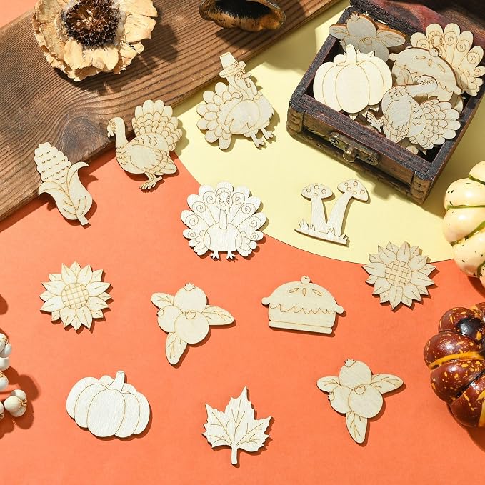 100 pcs Mixed Styles Thanksgiving Theme Unfinished Wooden Cutout Charms Pumpkin