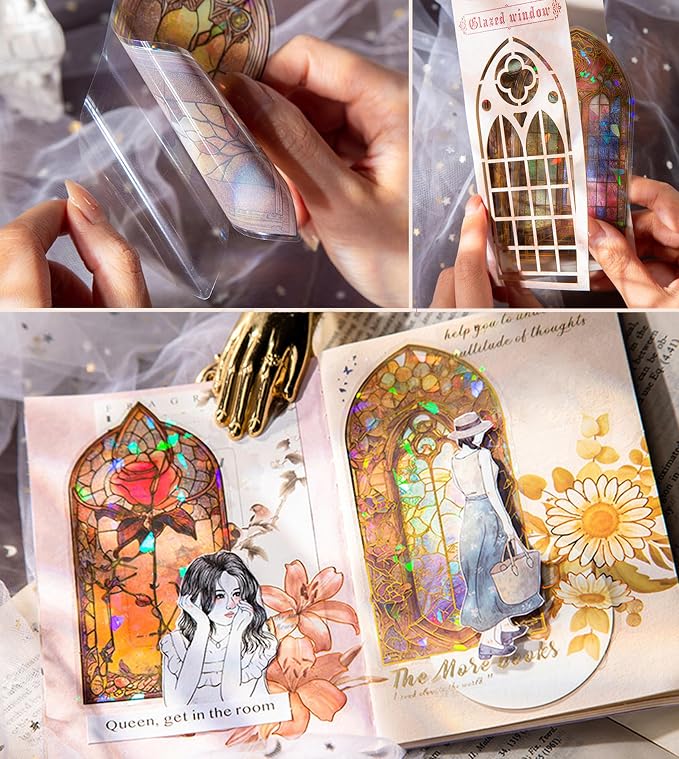 Glazed Flower Window Frame Stickes, 60 Pieces Glitter Holographic Transparent