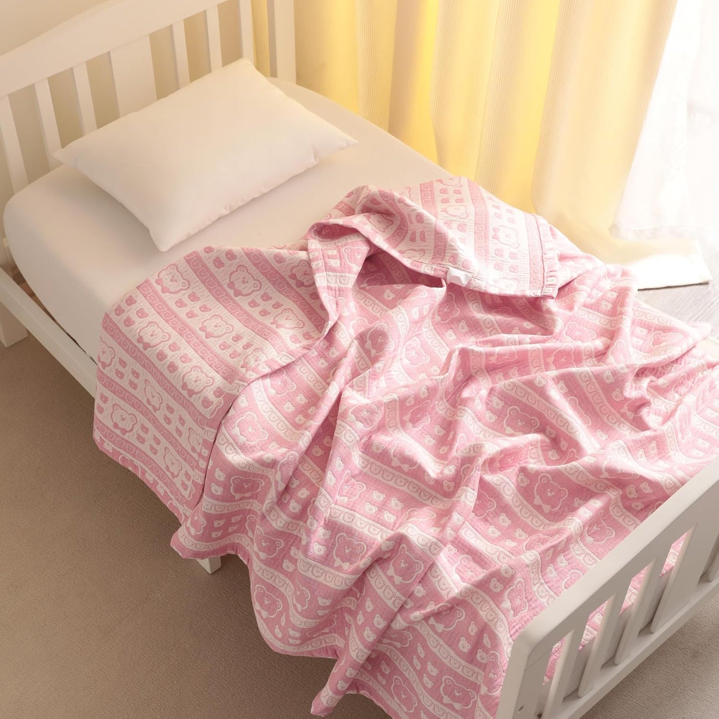 NTBAY 3 Layer Muslin Cotton Toddler Blanket, Jacquard Reversible Nursery Bed Blanket, Super Soft and Thermal for All Seasons, Decoration Gift, 30"x40", Pink Bear