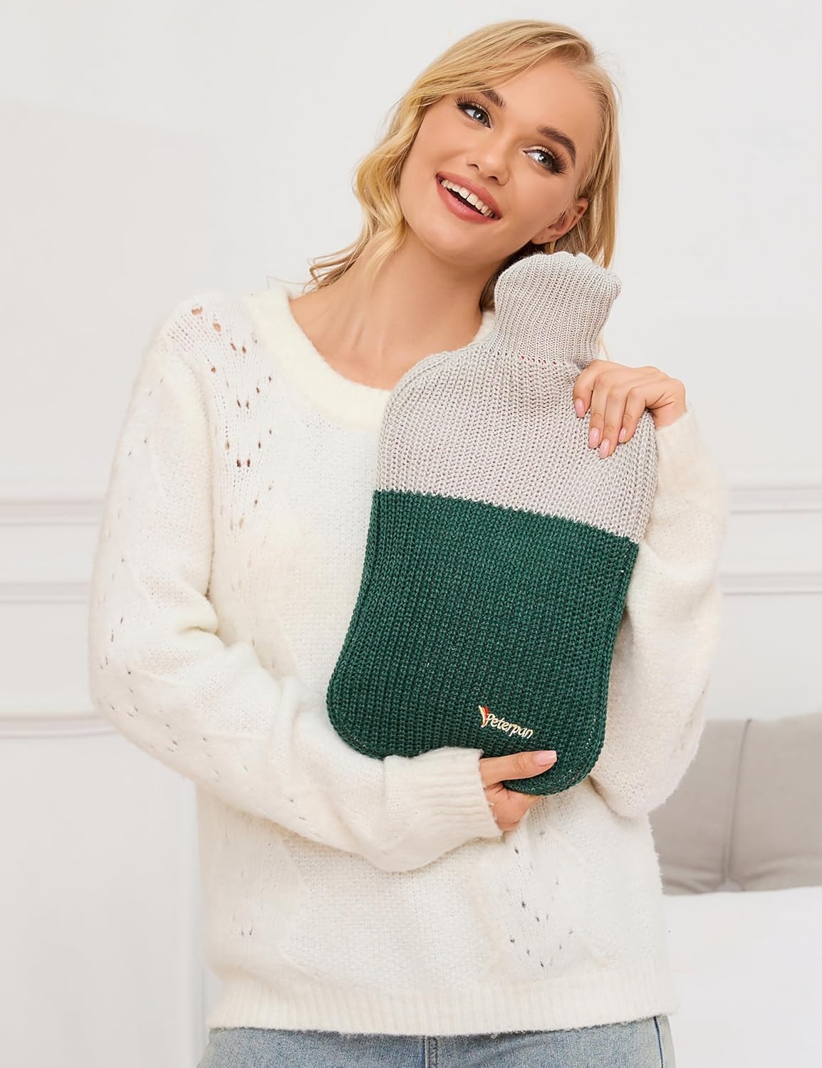 Peterpan Knit Rubber Hot Water Bottle with Wool Blend Cover, Size: XXX-Large, Hot Water Bottles for Pain Relief, BPA & PVC Free, 100 Fl Oz Capacity, Original, Wool Blend Hot Water Bottle, Gray & Green
