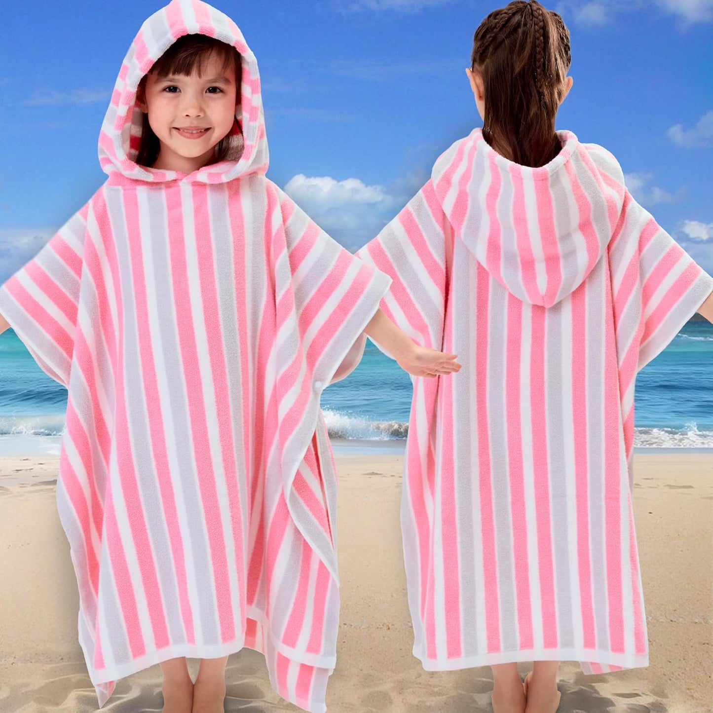VOOVA & MOVAS Kids Poncho Towels - Soft 100% Cotton (4-8Years), Quick Dry Absorbent Light Weight Hooded Towel for Pool | Swim | Beach | Bath, Pink Gray Stripe