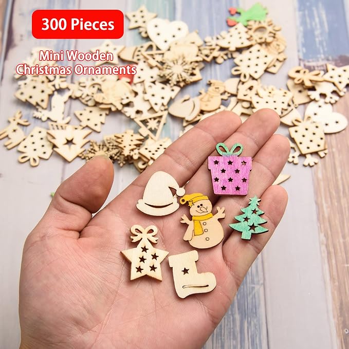300 Pieces Unfinished Mini Wooden Christmas Ornaments DIY Wooden Christmas