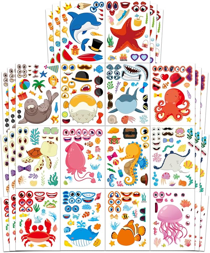 Aowplc 42 Pcs Ocean Animals Make-a-Face Sticker Sheets