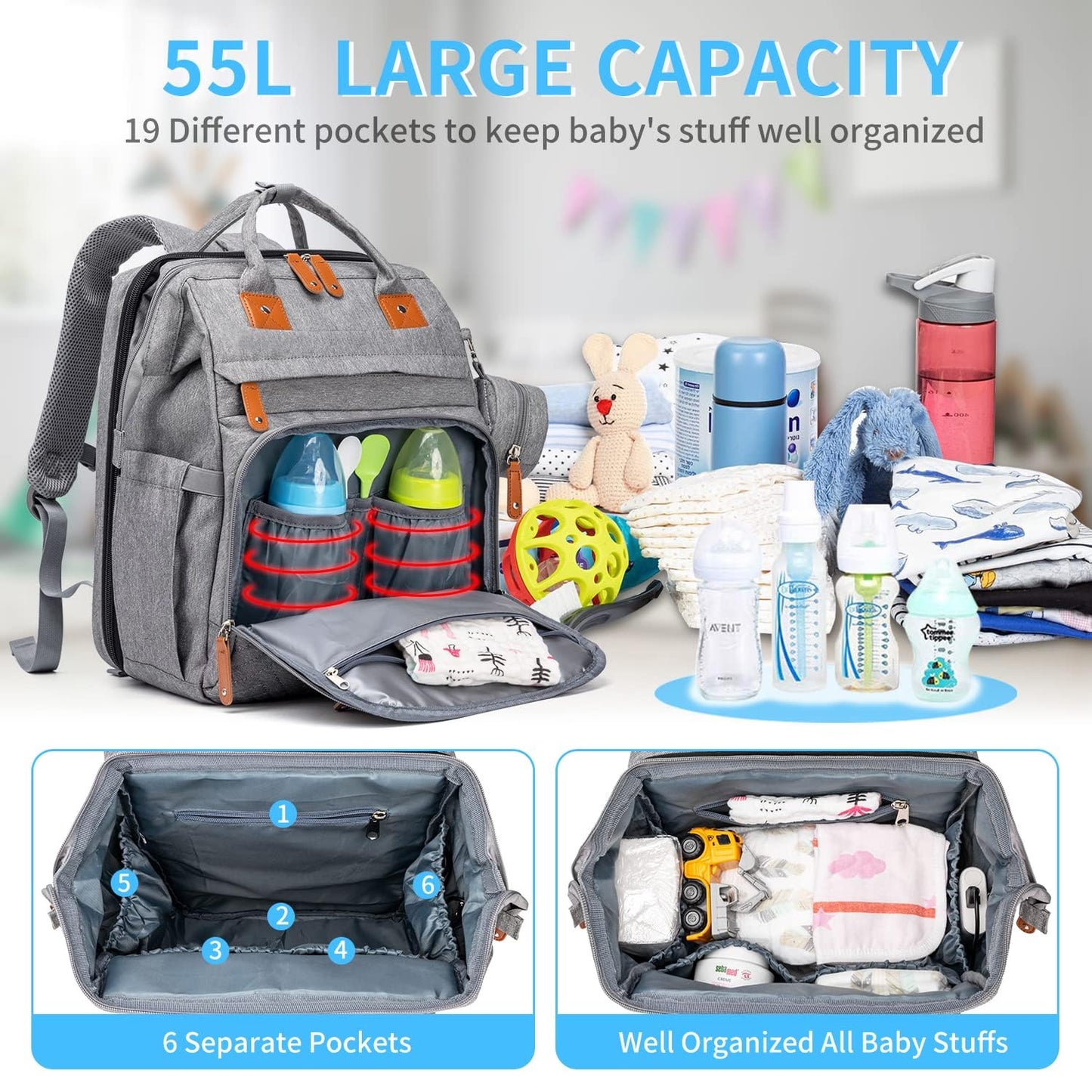 KABAQOO Diaper Bag Backpack with Detachable Changing Station, Large Capacity Baby Diaper Bags for Boys & Girls, Baby Registry Search Stuff & Shower Gifts, Newborn Essentials Must Haves, Grey