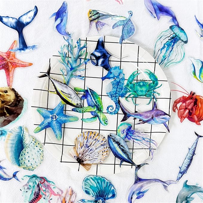 50PCS Marine Animal Stickers PET Transparent Stickers Starfish, Sea Turtles