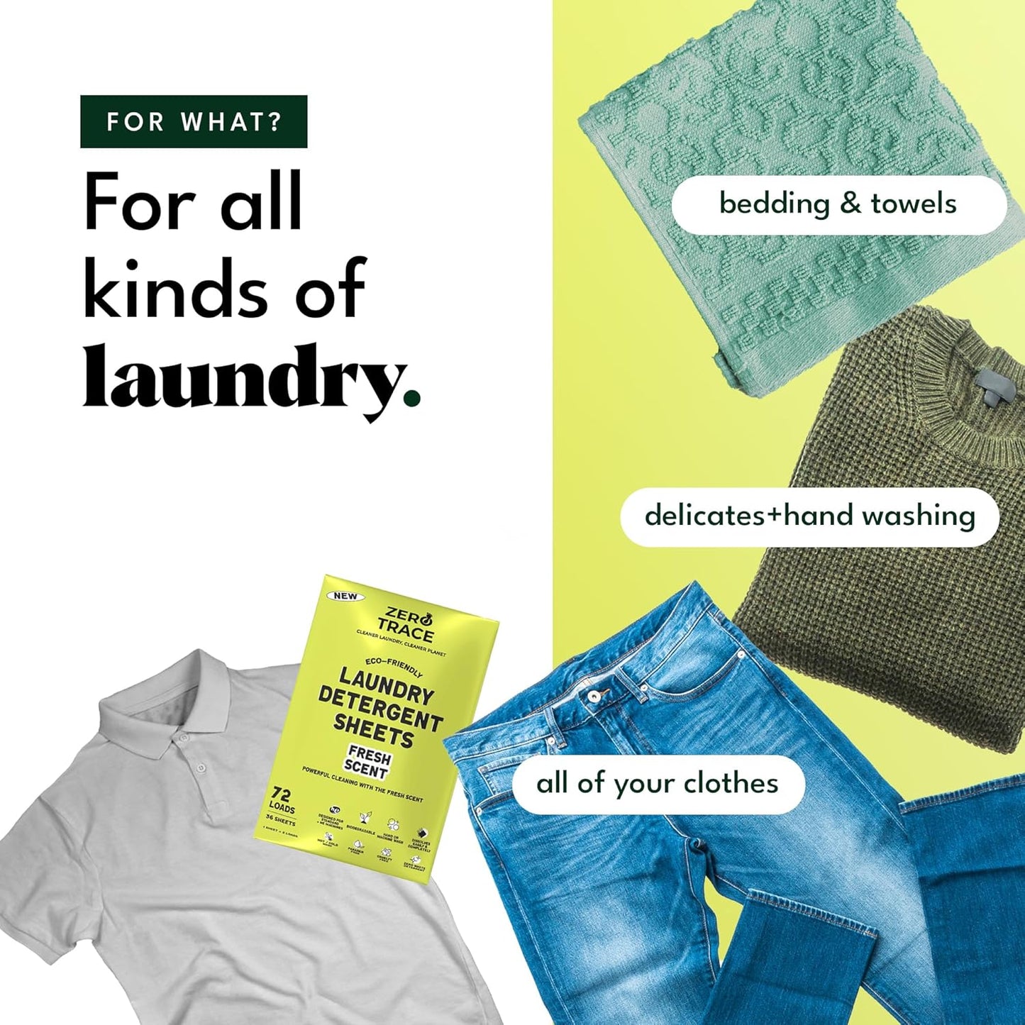 Zero Trace All Natural Laundry Detergent Sheets Eco Friendly - Laundry Soap - Travel Laundry Detergent with Fresh Scent (72 Loads 36 Sheets)