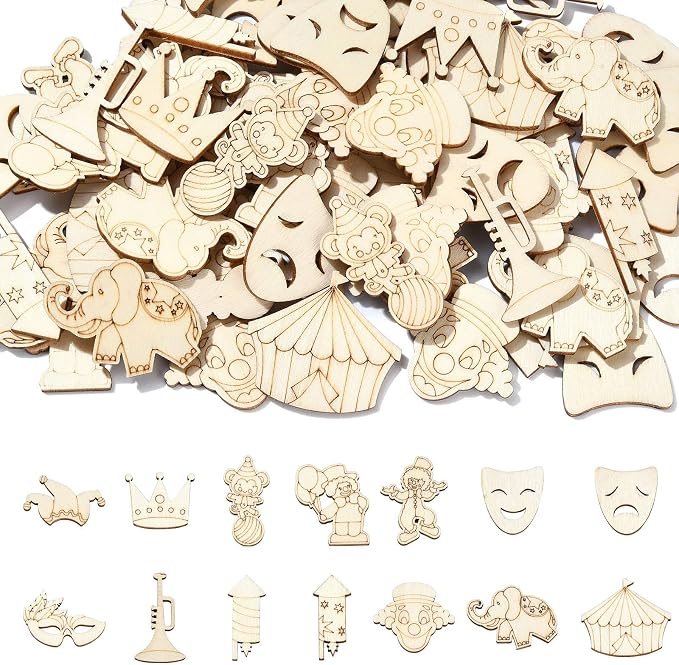 200 Pcs Unfinished Wooden Cutouts Carnival Blank Wood Slices Circus Wooden