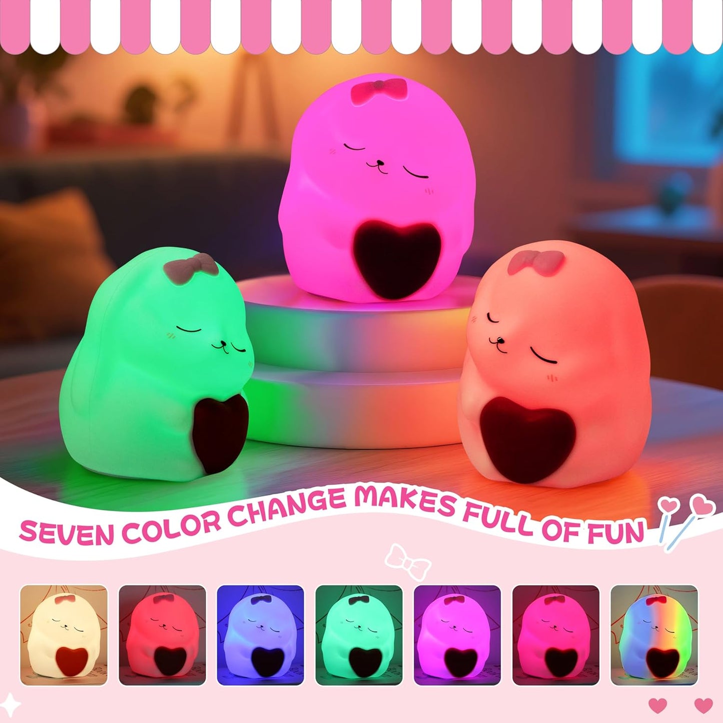 Night Light for Kids, Rechargeable Dimmable Silicone LED Nightlight with 7 Colors, Baby Nursery Night Lamp, Touch Squishy Lamp, Cute Gifts for Girls, Boys, Toddler Room Decor, Rabbit