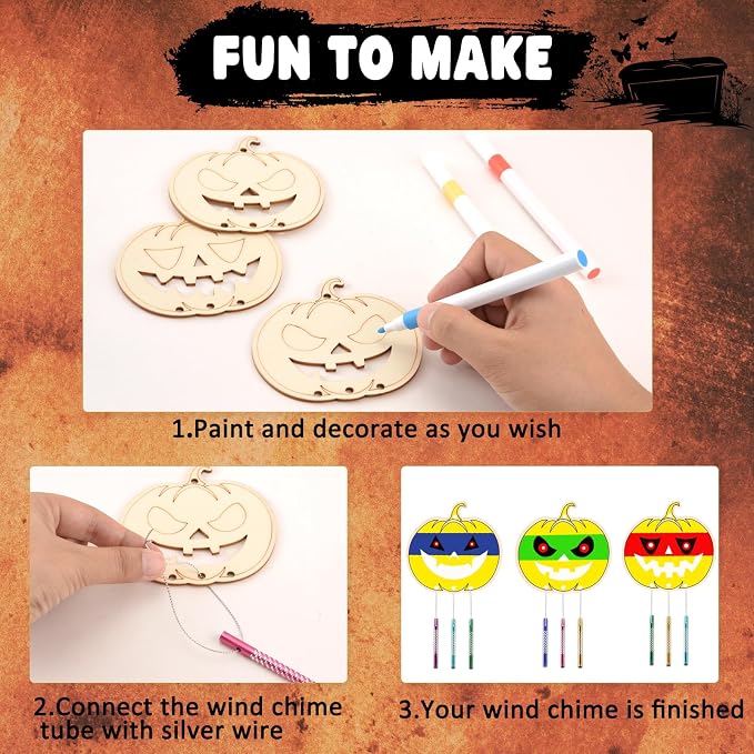 Wooden Pumkins Wind Chime Ornaments Painting Craft, 6 Style Cutouts