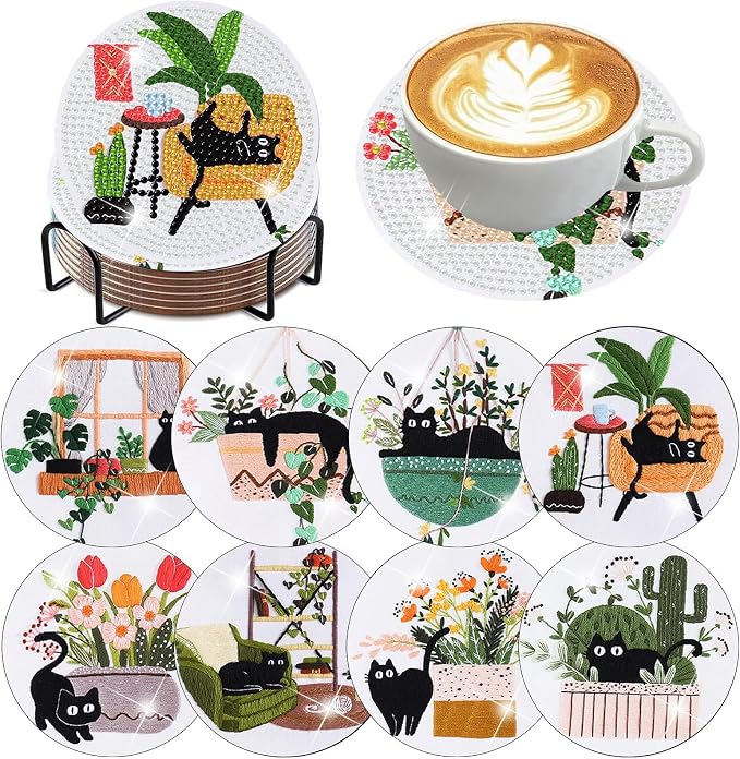 8 PCS Diamond Art Coasters Kits Black Cat Diamond Painting Coaster | Diamond
