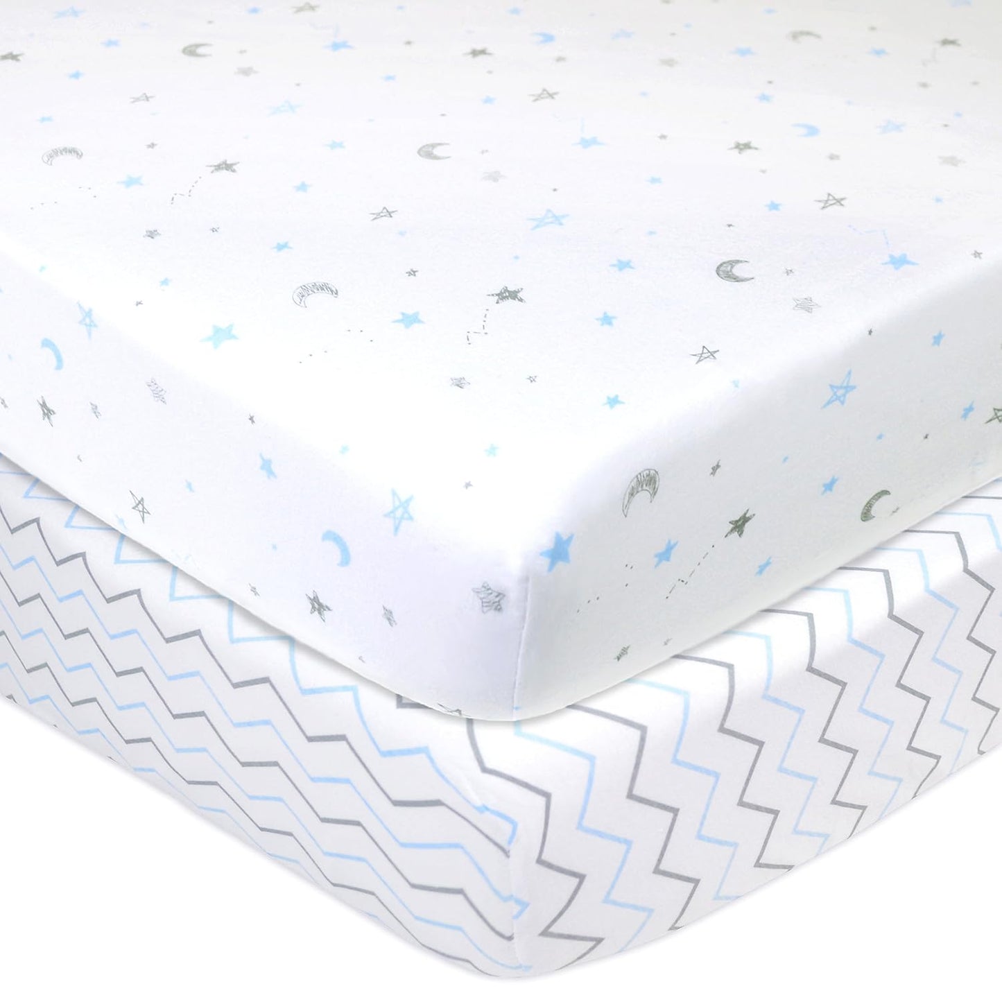American Baby Company 2 Pack Printed 100% Cotton Knit Fitted Contoured Changing Table Pad Cover - Compatible with Mika Micky Bassinet, Blue Stars and Zigzag, for Boys and Girls