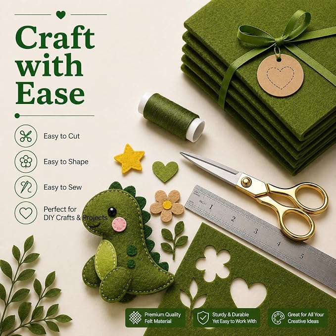 Moss Green Large Felt Fabric 36" x 36", 1mm Stiff Felt Sheet, Nonwoven Fabric