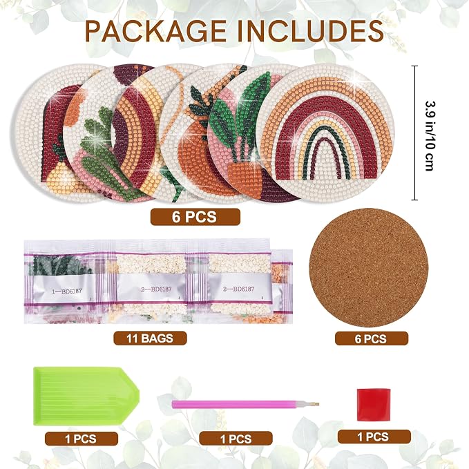 Temlum 6 Pcs Diamond Painting Coasters Kit, Abstract Plant Diamond Art Coasters