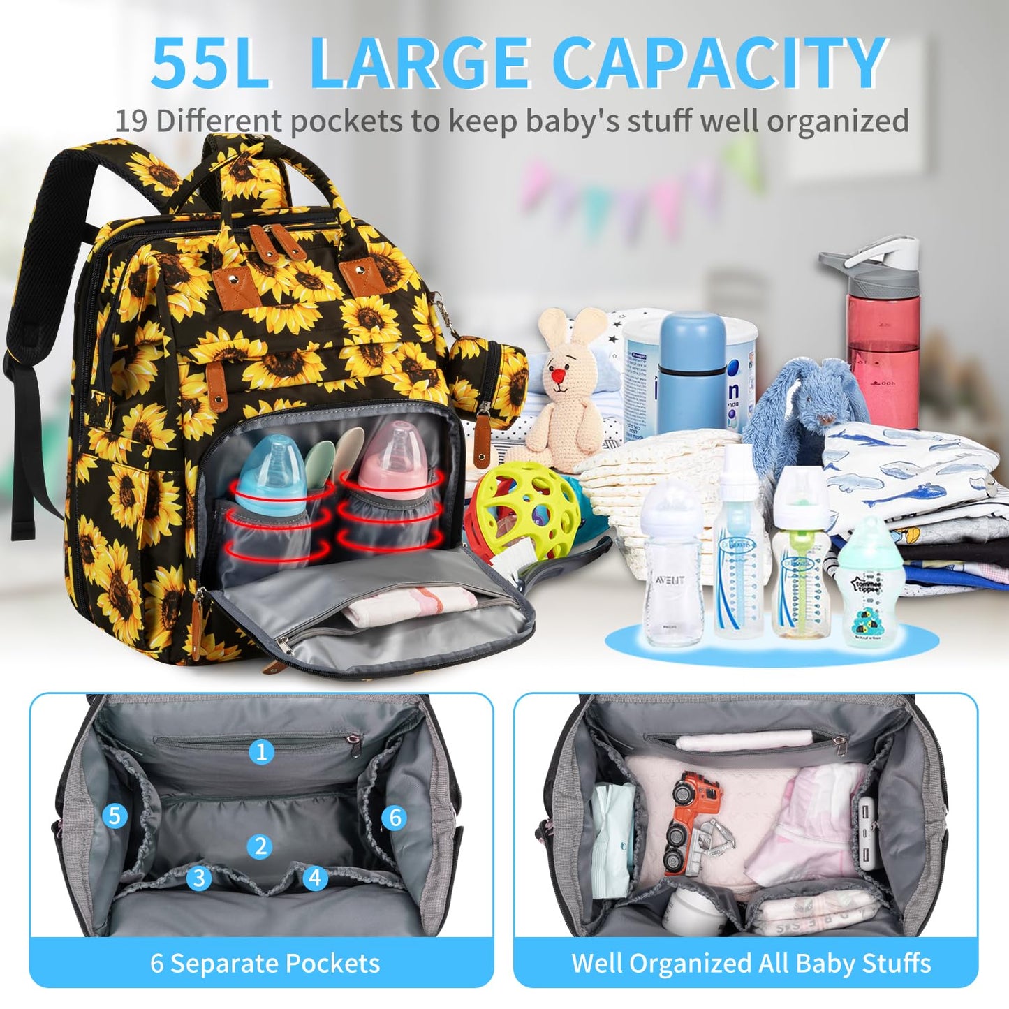 KABAQOO Diaper Bag Backpack with Detachable Changing Station, Large Capacity Baby Diaper Bags for Boys & Girls, Baby Registry Search Stuff & Shower Gifts, Newborn Essentials Must Haves, Sunflower